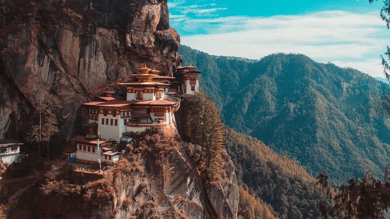 Taktsang Monastery, or Tiger's Nest, perched on a cliff face above the Paro valley, Bhutan